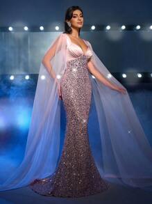 Glamrae Vestido longo de cetim com decote em formato de coração, barra da sereia e bainha até o chão, elegante, deslumbrante e sexy, com tule rosa de flor de lótus, grandes lantejoulas flutuantes e bordado de lantejoulas, adequado para festa de formatura, jantar a dois, vestido de festa de casamento para convidados, formatura - Rosa empoeirado - Visão 6