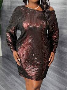 Slaydiva 优雅派对聚会约会性感修身纯色香槟色斜肩长袖串珠面料迷你连衣裙大码女士春秋季