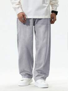 Manfinity EZcore Men's Casual Loose Washed Jeans, Men Grey Baggy Jeans, Men Oversized Jeans, Grey Baggy Jeans, Men Baggy Jeans - Grey - View 3