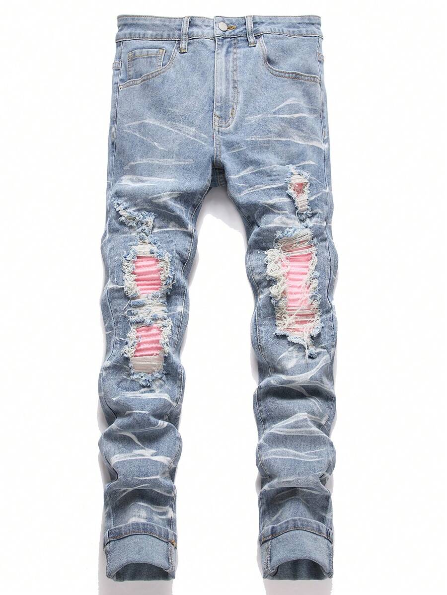 Manfinity Homme Plus Size Men Distressed Slim Fit Casual Denim Jeans With Pockets - Light Wash - View 1