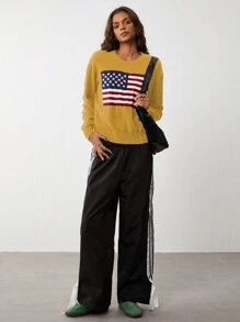 Flirla Women's Casual Crew Neck American Flag Print Long Sleeve Pullover Sweater Knit Pullover Fall Winter - Yellow - View 5