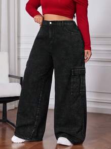 SHEIN CURVE+ Pantalones cargo de pierna ancha de talla grande de mezclilla negra para mujer