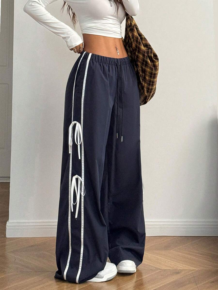 SHEIN EZwear Quần ống rộng cạp cao có đường may chi tiết mùa thu dành cho nữ - Màu xanh hải quân - Xem 1