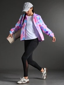 SHEIN Sports Casual Tie-Dye Color Contrast Hoodie Jacket - Pink - View 6