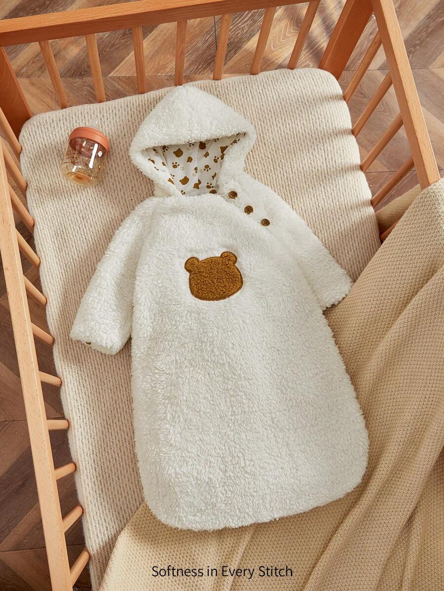 Cozy Pixies 1 Pc Baby Bear Embroidery Hooded Sleeping Bag, Warm For Autumn/ - White - View 1