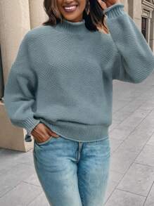 SHEIN LUNE Sweater Longgar Wanita Kasual Warna Polos Kerah Tinggi Ukuran Besar, Pakaian Rajut Sehari-hari Musim Gugur Musim Dingin - Biru - View 1