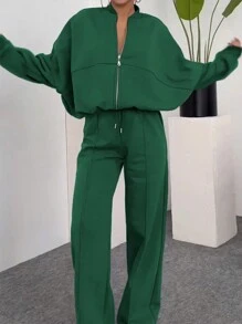 INAWLY 2 pièces Ensemble veste à manches chauve-souris zippée et pantalon à taille élastique, couleur unie, décontracté, printemps/automne