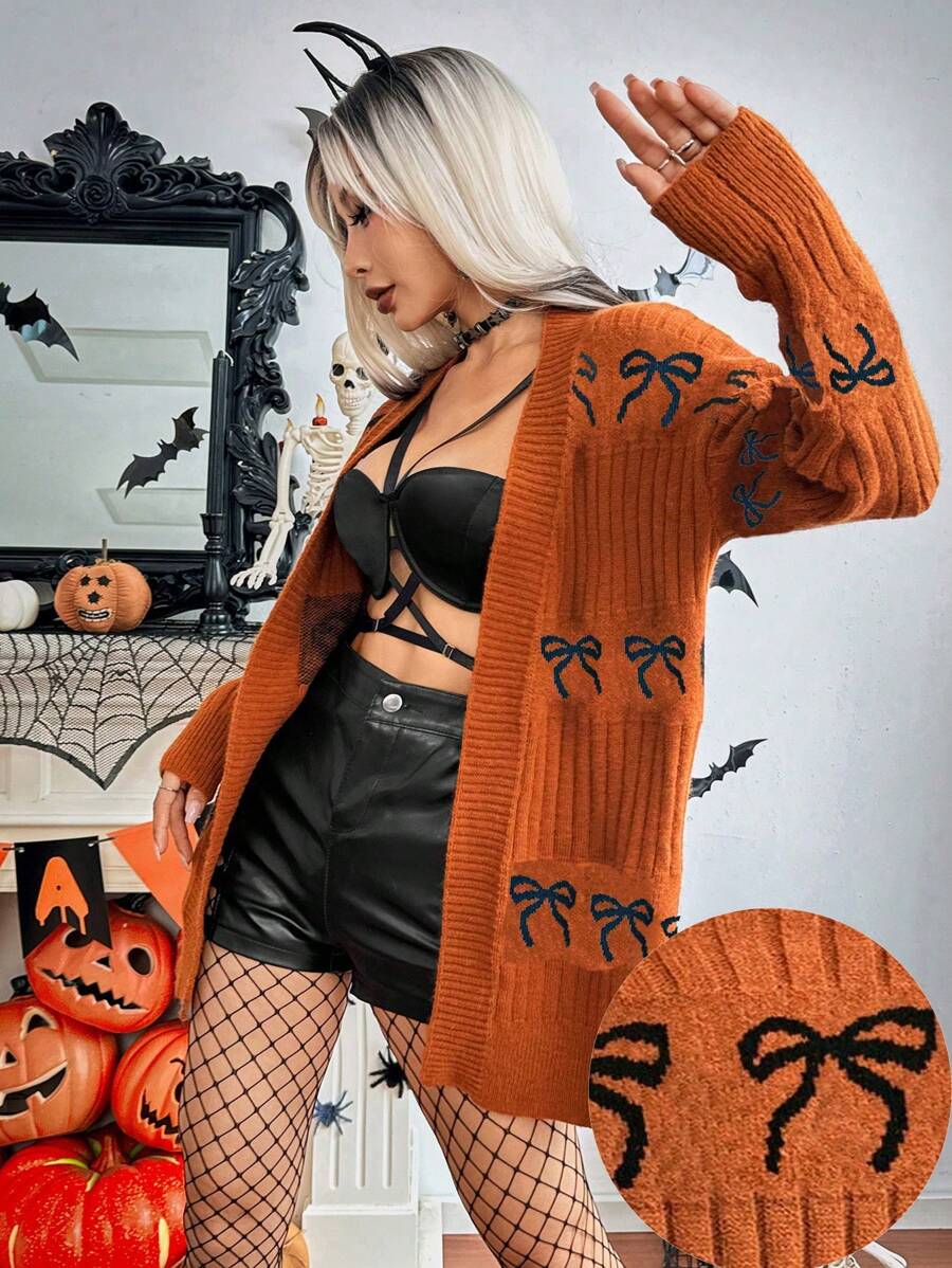 Chiquease Casual Ribbed Bow Decor Cardigan, Autumn/Winter - Coffee Brown - View 1