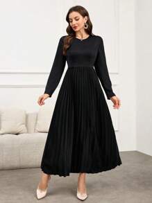 Modelyn 2 件套女士优雅仿珍珠装饰披肩和高腰褶边连衣裙套装，适合秋季 2 件套 - 黑色 - 查看 5