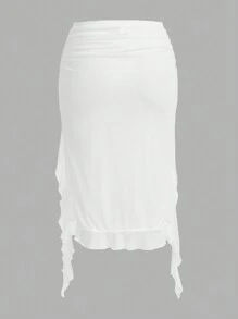 Sweetina Solid Color Asymmetric Ruffle Hem Elegant A-Line Skirt