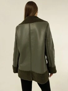 Aloruh Elegant Green Fluffy Collar &  Lining Ski Jacket With Double Breasted, Long Sleeve, Suitable For Outdoor Activities,Fall And Winter,Long Sleeve - Army Green - View 3