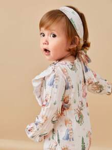 SHEIN Baby Girl Ruched Floral All-Over Print Long Sleeve Jumpsuit - Brown - View 3