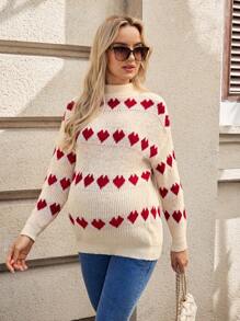 SHEIN Maternity Knitted Heart Pattern Long Sleeve Sweater, Autumn/Winter - Apricot - View 3