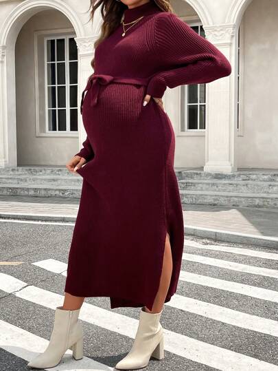 SHEIN Vestido de manga larga de embarazo con cuello alto, abertura lateral con lazo, vestido de maternidad informal para el invierno