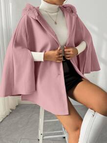 RosyDaze Elegant Solid Color Knitted Hooded Cape Coat With Fluffy Collar, Autumn/Winter - Pink - View 5