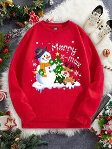 Manfinity Homme Sudadera slim fit de cuello redondo con estampado de muñeco de nieve de Navidad en estilo vintage casual para hombres, regalo - Rojo - Ver 4
