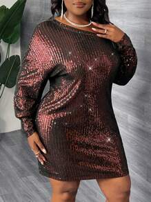 Slaydiva 优雅派对聚会约会性感修身纯色香槟色斜肩长袖串珠面料迷你连衣裙大码女士春秋季