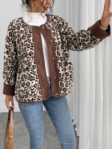 SHEIN Unity Chaqueta casual de mujer de un solo botonadura con estampado de leopardo y parches, para otoño/invierno - Marrón - Ver 6