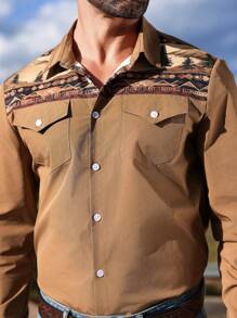 Manfinity Nomadique Chemise décontractée à manches longues, à simple boutonnage, avec imprimé géométrique et patchwork pour hommes, pour l'automne - Tabac - Voir 4