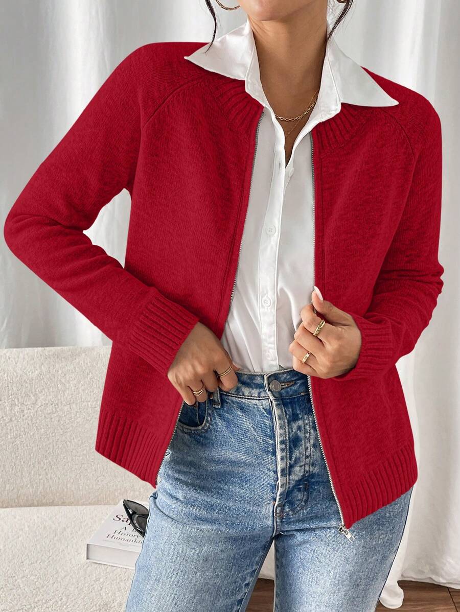 SHEIN Unity Cárdigan con cierre de cremallera de manga raglán de unicolor para mujer, informal para otoño/invierno - Rojo - Ver 1