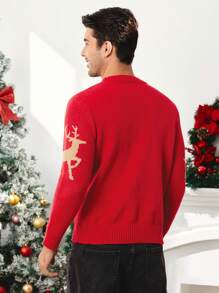 Manfinity VCAY Men's Plain Crew Neck Reindeer Pattern Knit Christmas Sweater, Suitable For Family And Couple Matching - Red - View 4
