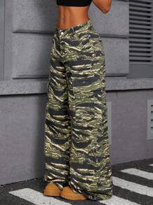 SHEIN ICON Jeans anchos de bolsillo de carga con estampado camuflado para mujeres, de estilo casual, Y2K, streetwear - Multicolor - Ver 2