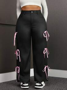 Plus Size Women Straight Leg Pants With Elastic Coating & Pink Bowknot Decoration Fall Cloth For Women - Black - View 4