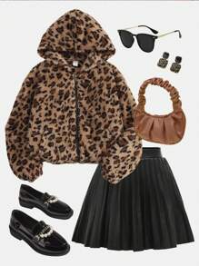 SHEIN Tween Girls Loose Fit Casual Simple Comfortable Warm Plush Hooded Front Open Fleece Leopard Print Long Sleeve Jacket With Pocket, Warm For Autumn Winter - Brown - View 8