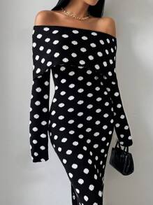 Roamenne Roamenne 1pc Women's Off-Shoulder Polka Dot Knitted Sweater Dress, Maxi Length - Multicolor - View 1