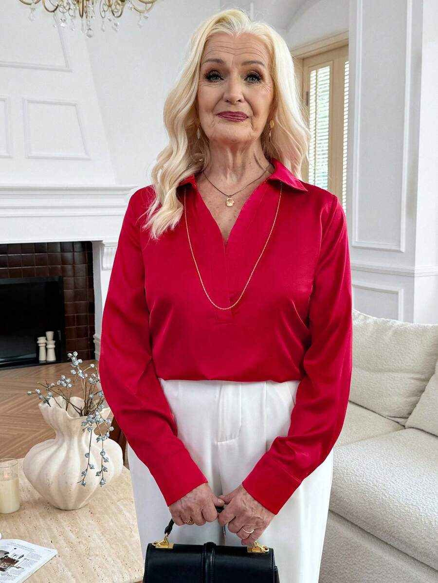 SHEIN 弹性丝绸缎 V 领长袖直筒女式衬衫，适合新年服装 - 紅色 - 查看 1