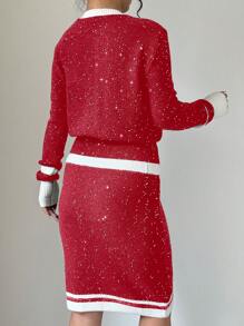 Elenzga 2pcs Women Set: Contrast Piping Cardigan And Pencil Knit Skirt, Elegant And Stylish - Red and White - View 2