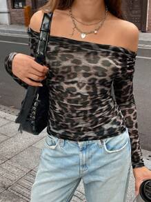 Chiquease Women's Elegant Sexy Leopard Print Semi-Sheer Ruched Long Sleeve Blouse - Black - View 4