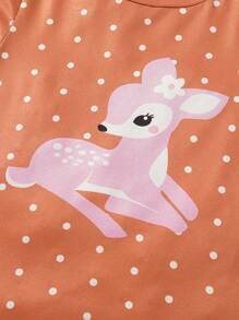 Bộ đồ ngủ 2 món tay dài + quần dài họa tiết chấm bi hoa và hươu dễ thương cho bé gái màu cam san hô - Màu Cam san hô - Xem 4