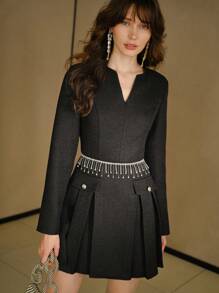 MOTF STUDIO VESTIDO CORTO CON DETALLE DE SOLAPA EN EL CUELLO, PLIEGUES PLEGADOS Y BORDE PLEGADO EN TWEED SÓLIDO - Negro - Ver 6