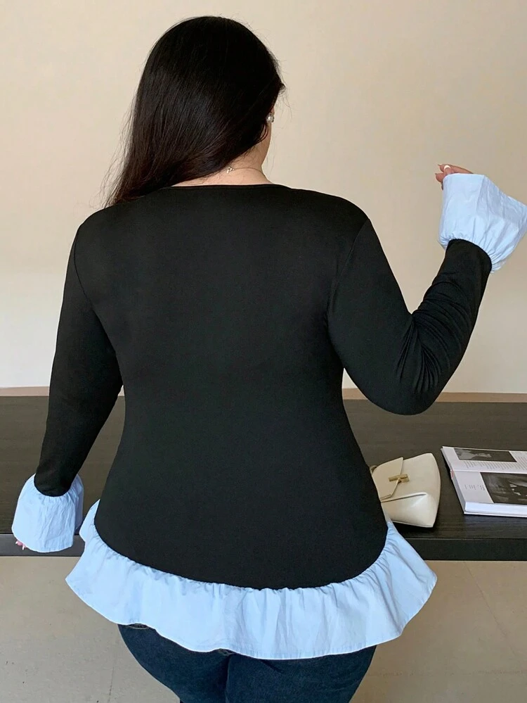 Dazy Plus Plus Size Women's Casual Round Neck Letter Embroidered Contrast Ruffle Hem Flare Sleeve T-Shirt, Spring/Autumn Long Sleeve Women Tops,Fall Women Clothes