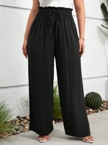 SHEIN LUNE Plus Paperbag Waist Wide Leg Trousers - Black - View 5