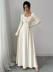 Modelyn 1pc Women Apricot Elegant Knit Faux Pearl Bowknot Waist A-Line Long Sleeve Dress Maxi Women Outfit Long Evening Dresses - Apricot - View 6