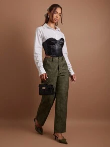 COSMINA Women's Army Green PU Leather Straight-Leg Pants For Autumn/Winter