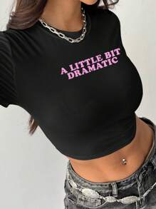 SHEIN Unity 女士标语印花短袖短款上衣，夏季 A LITTLE BIT DRAMATIC 图案 T 恤女士上衣 - 黑色 - 查看 5