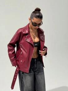 StreetHx Women's Belted Faux Leather Burgundy Red Long Sleeve Zipper Collar Loose Motorcycle Jacket, For Autumn&Winter - Burgundy - View 4