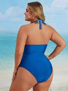 SHEIN Swim Curve Bộ đồ bơi một mảnh in họa tiết chấm bi cổ chéo cỡ lớn cho nữ mùa hè gợi cảm - Màu xanh lam - Xem 2