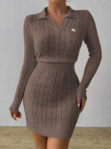 Chiquease 1 件女式修身刺绣高领粗针织毛衣套头衫 - 咖啡棕 - 查看 6