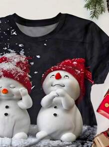 SHEIN LUNE Plus Size Women's Cute Christmas Snowmen Print Round Neck T-Shirt
