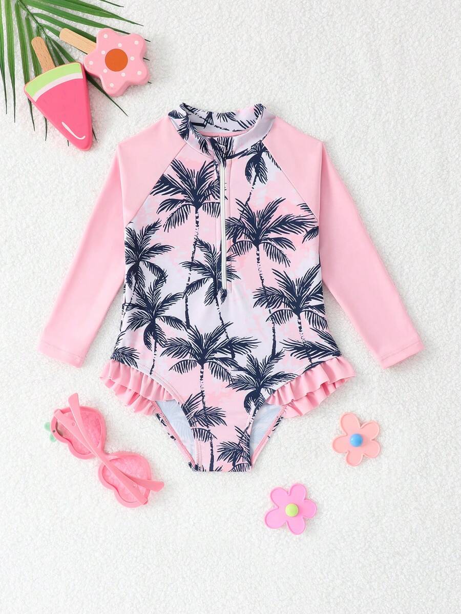 SHEIN Traje de baño de una pieza con estampado de palmeras, mangas largas, cierre y volantes para niñas pequeñas - Multicolor - Ver 1