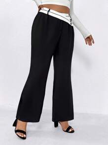SHEIN LUNE Plus Size Women Colorblock Asymmetrical Waistline Pants Fall Cloth For Women - Black - View 6