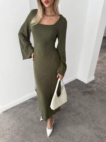 SHEIN Essnce Square Neck Trumpet Sleeve Lettuce Trim Bodycon Dress
