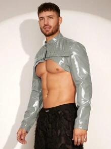 FeverCity Áo khoác ngoài tay dài có khóa kéo viền bất đối xứng trơn gợi cảm dành cho nam, dành cho mùa thu đông - Bạc - Xem 6