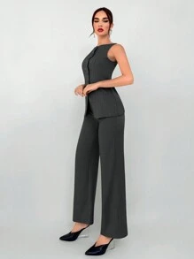Aloruh 2Pcs Women Khaki Notch Lapel Faux Pocket Decor Blazer Suit Vest And Pants Office Outfit, Autumn/Winter