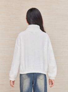 SHEIN Little Byeori Tween Girl Slogan Patched  Pocket Half Zip Teddy Sweatshirt,In Fall/Winter - White - View 2