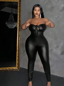 Slaydiva Plus Size Women's Elegant & Party & Date Fitted Solid Black Halter Tube Top With Ribbon Tie Front PU Coated Fabric Jumpsuit, Spring & Autumn - Black - View 6